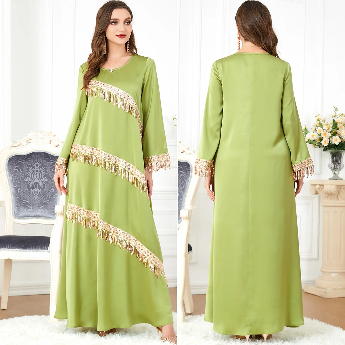 Morocco Party Dress Muslim Women Abaya Prayer Green Caftan Maxi Tassel Dresses Robe Abayas Dubai Turkey Longue Vestidos Largos