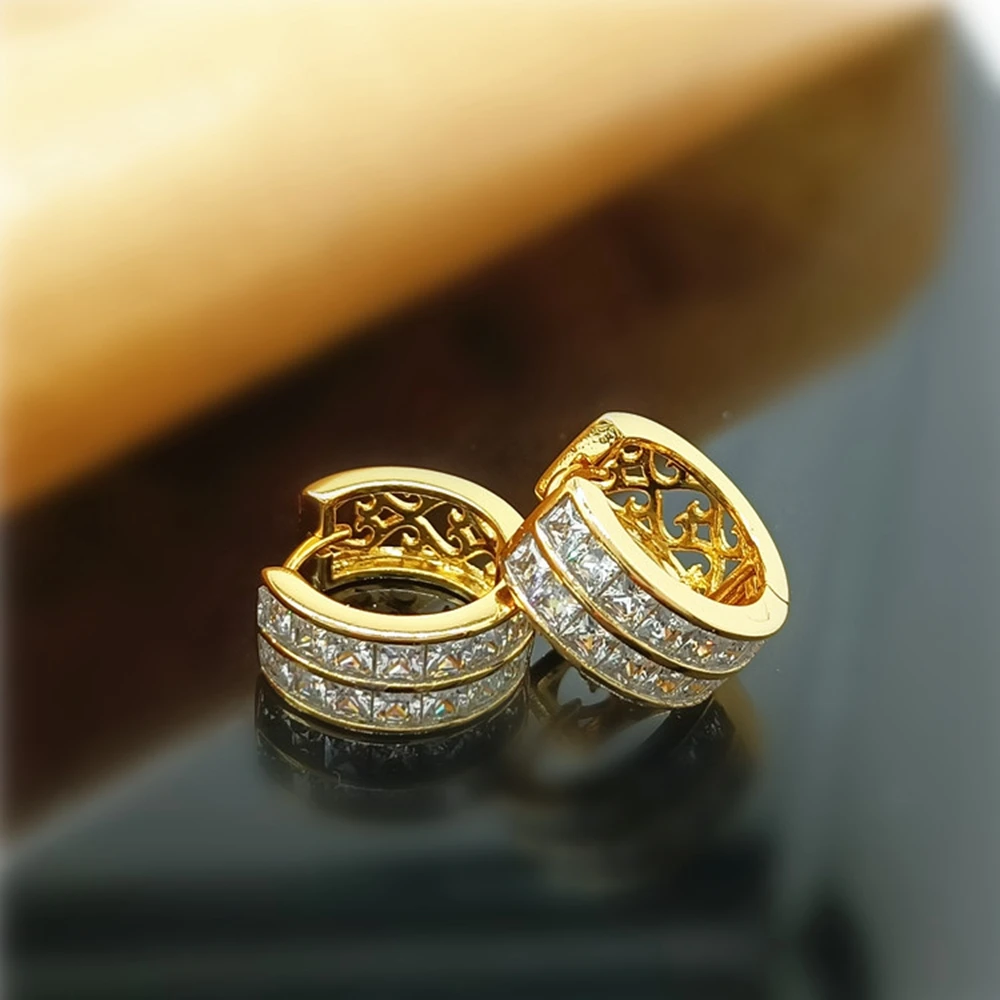 

2-Rows Cubic Zirconia Womens Hoop Huggie Earrings Yellow Gold Filled Fashion Lady Girl Jewelry Gift