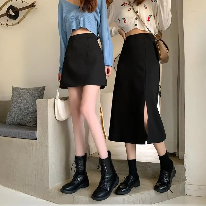 

Юбка Женская черная до середины икры, универсальная уличная одежда с завышенной талией в Корейском стиле, шикарная