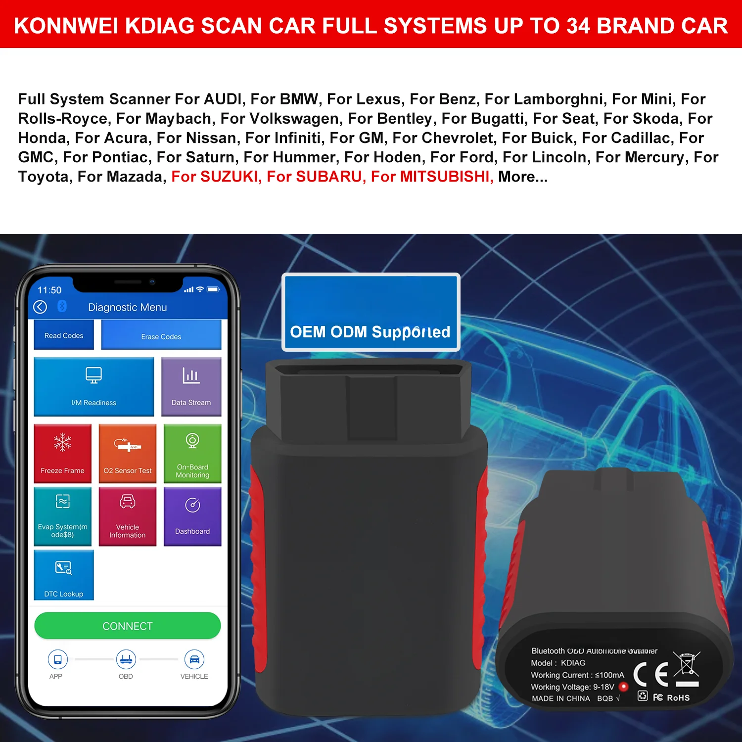 Все программное обеспечение forever Free OBD2 KONNWEI Kdiag сканер Bluetooth с двунаправленным
