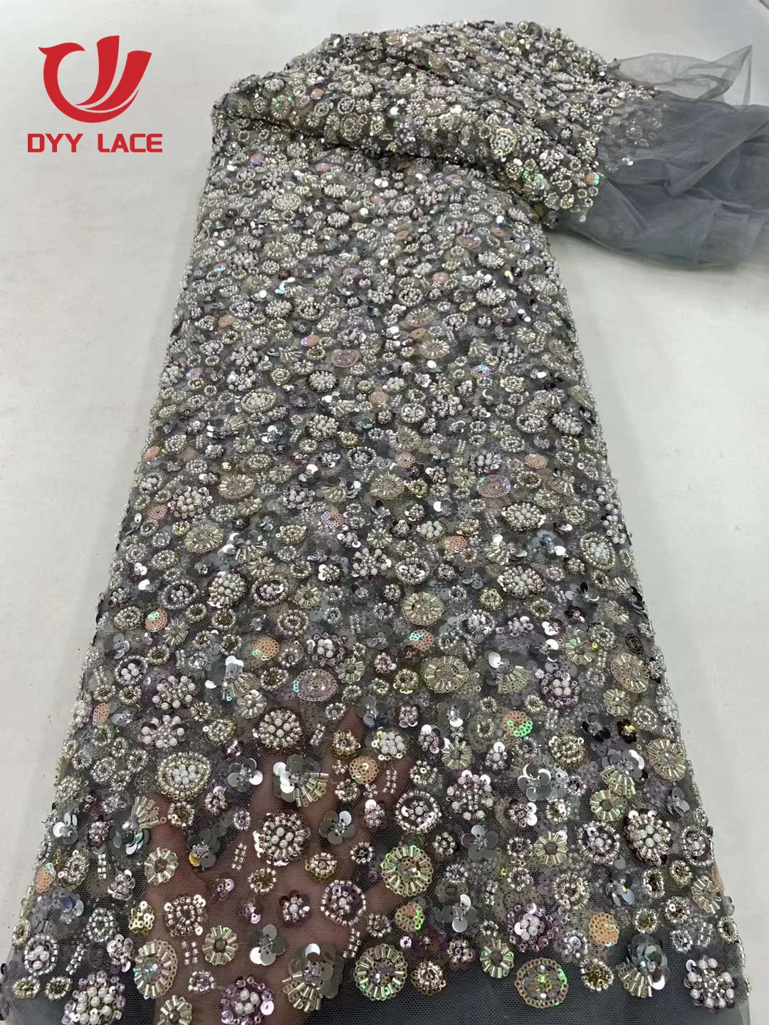 

Luxurious Nigerian Groom Lace Fabric 2023 High Quality Sequins Beaded Embroidery African French Lace Fabric For Dress 5 Yards