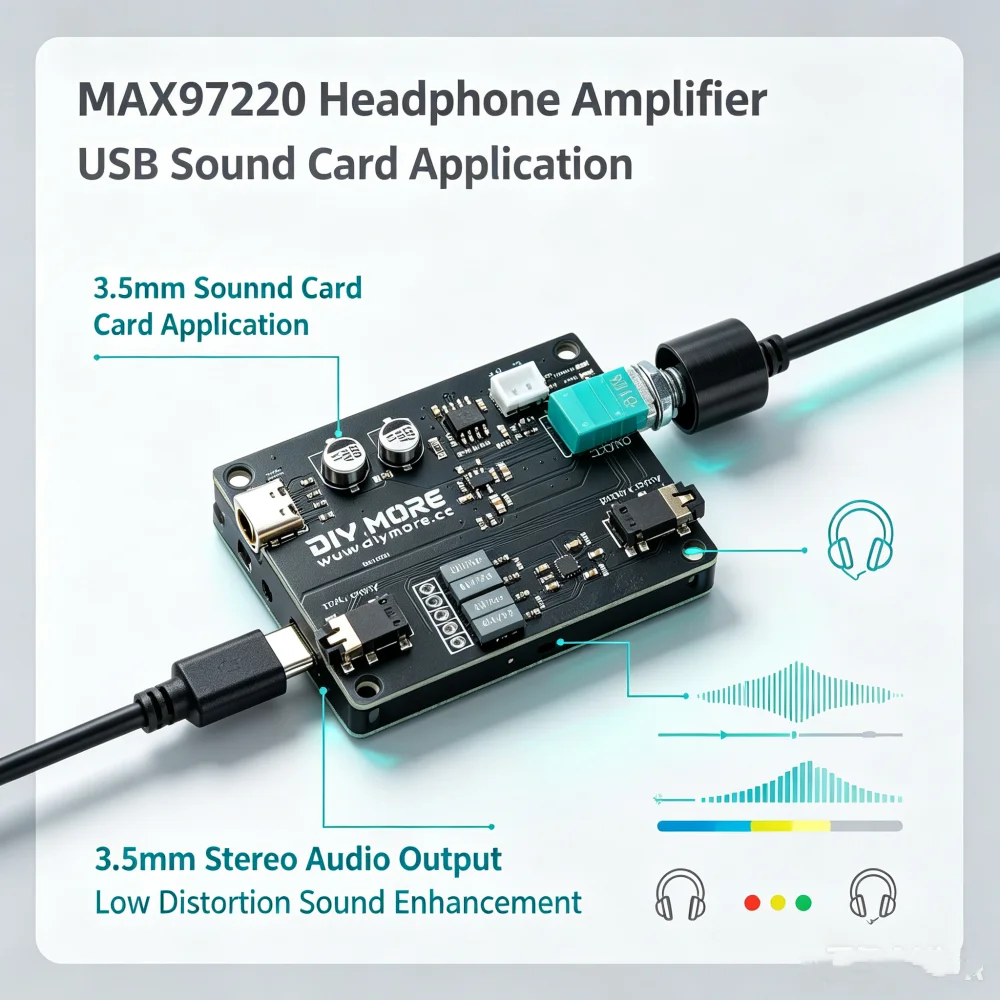 Фото DC 3.7V-5V DM-AB001 стерео модуль усиления наушников MAX97220 чип 3,5 мм модуль усиления наушников USB звуковая карта динамик №1