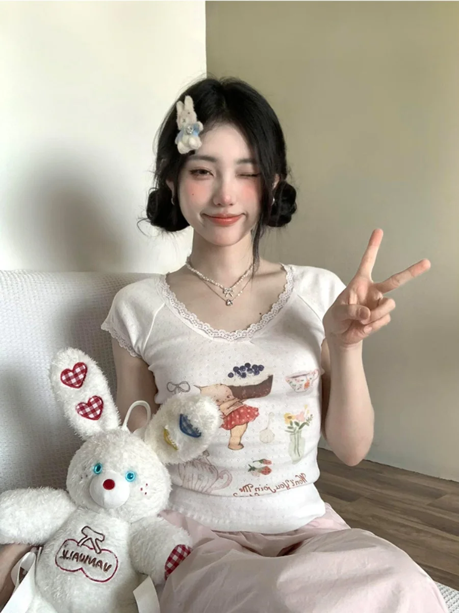 Кружевная кружевная милая футболка с короткими рукавами женская летняя