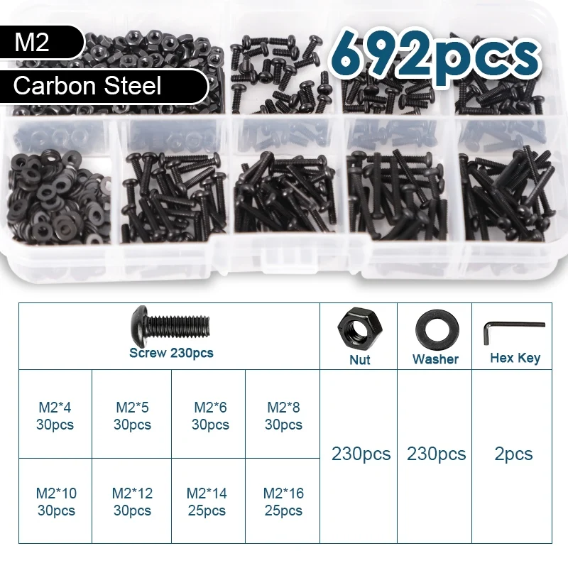 

Набор винтов с шестигранной головкой M1.6-M8, черные, сталь 12.9