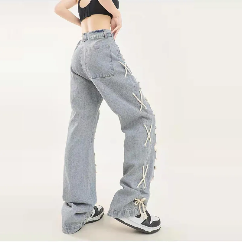 Four Seasons Men's Trousers High Street Trend Big Hole Side Tie Design Hip-Hop Jeans Men's and Women's Same Style Ins Hot Sale