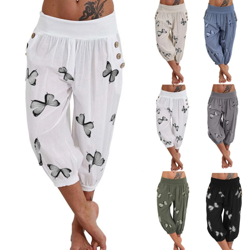 

Capris Pants Women High Waist Harem Pants Lightweight Streetwear Female Pocket Baggy Capri Jogger Trousers Bottoms With Print