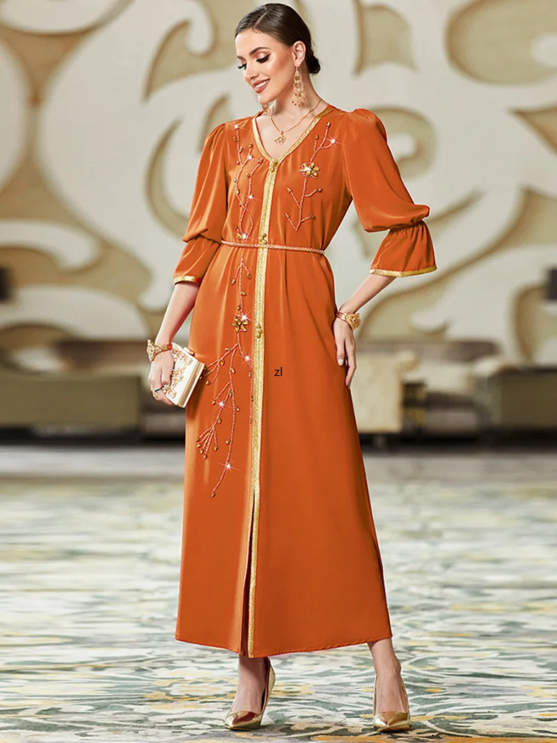 Elegant Casual Dresses For Prom Fashion Diamonds Satin Dress Women Muslim Caftans Marocains Dubai Abaya With Belt