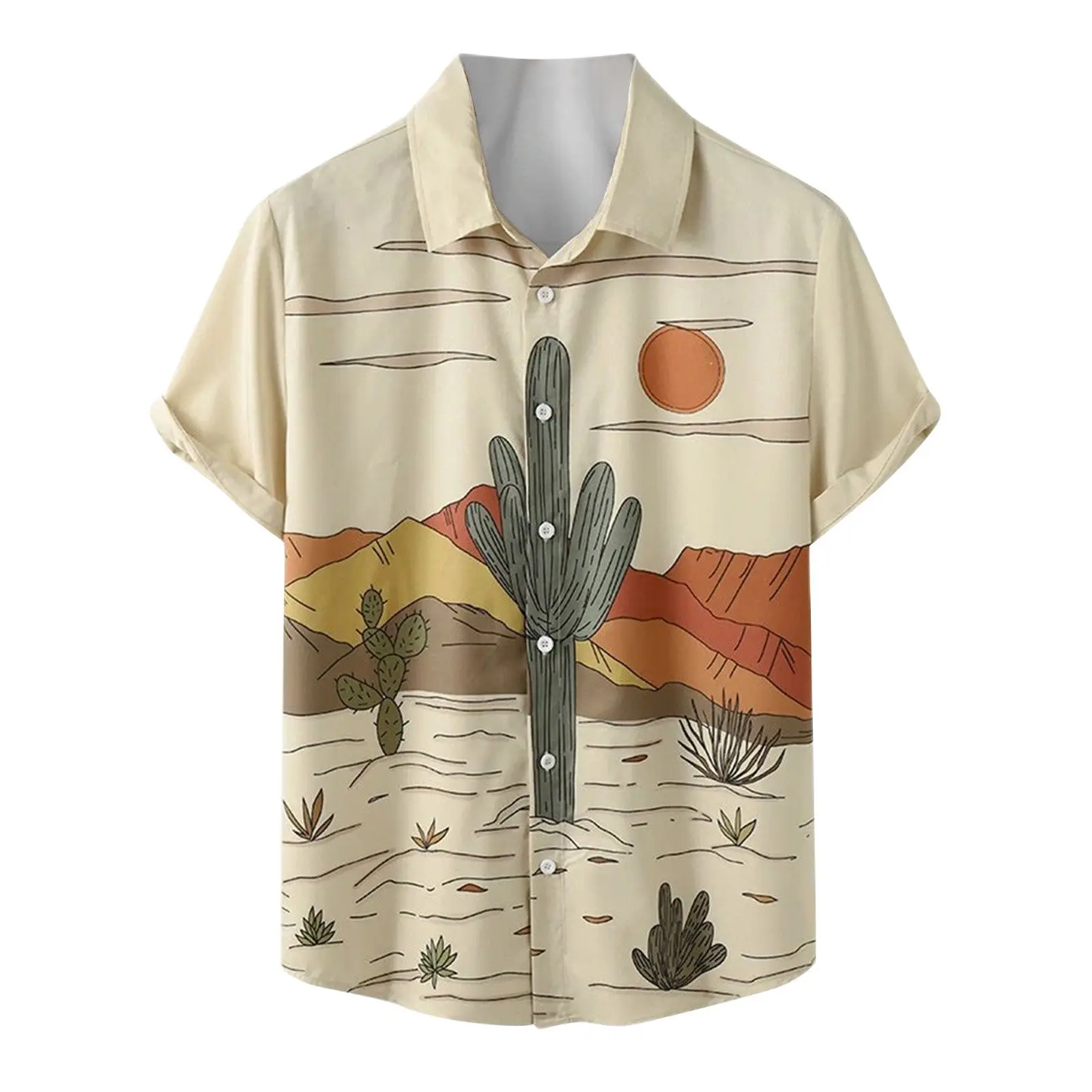 2022 Summer Men's Short Sleeve Hawaiian Shirt Desert Landscape Tropical Plant Cactus Print Shirt Vintage Kamisa