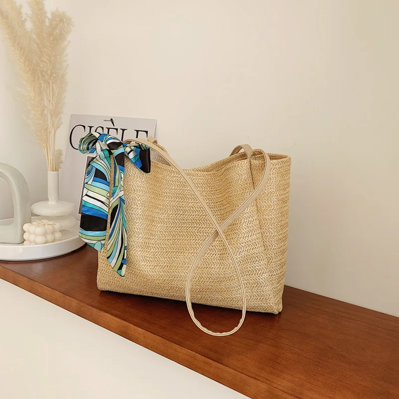 

Summer Scarf Bow Women's Straw Shoulder Bag Weaving Large Capacity Casual Handbag for Women Fashion Seaside Travel Beach Bags