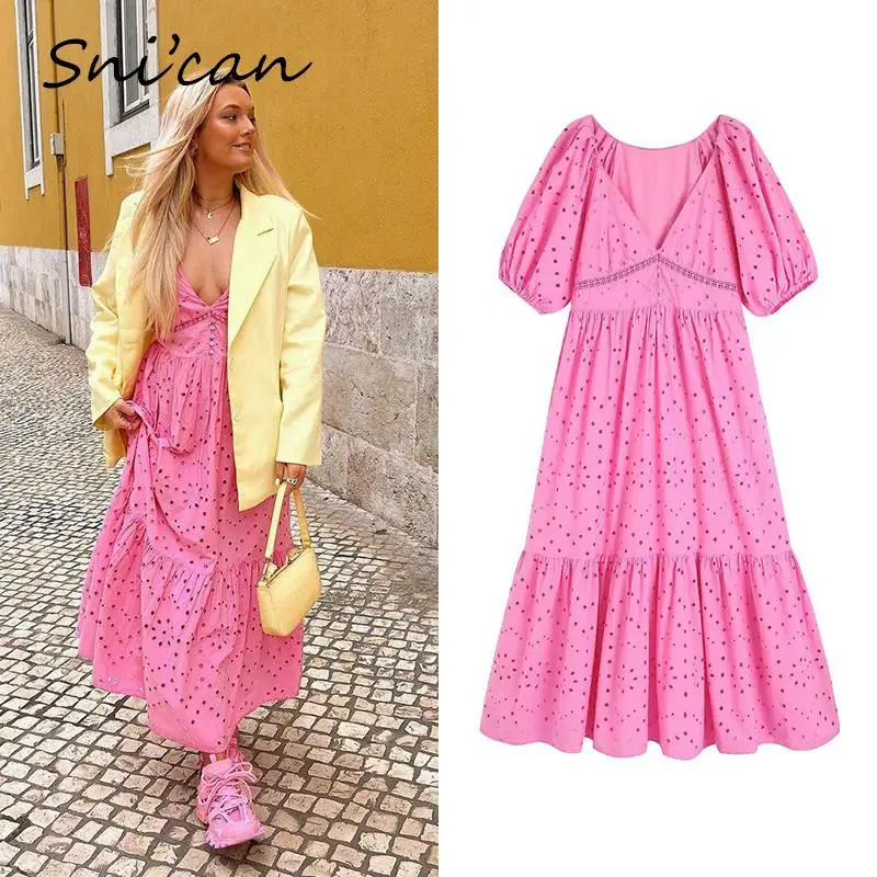 

Solid Pink Embroidery Boho Dress Women Summer Oversize Midi Long Dresses Robe Femme Fashion Loose Ruffle Vestidos Mujer Sukienka