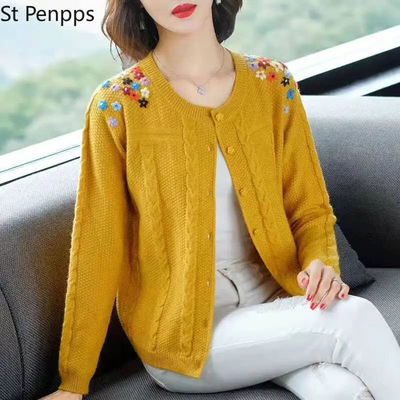 Осенний свитер с вышивкой кардиганы Женский однотонный Повседневный круглым
