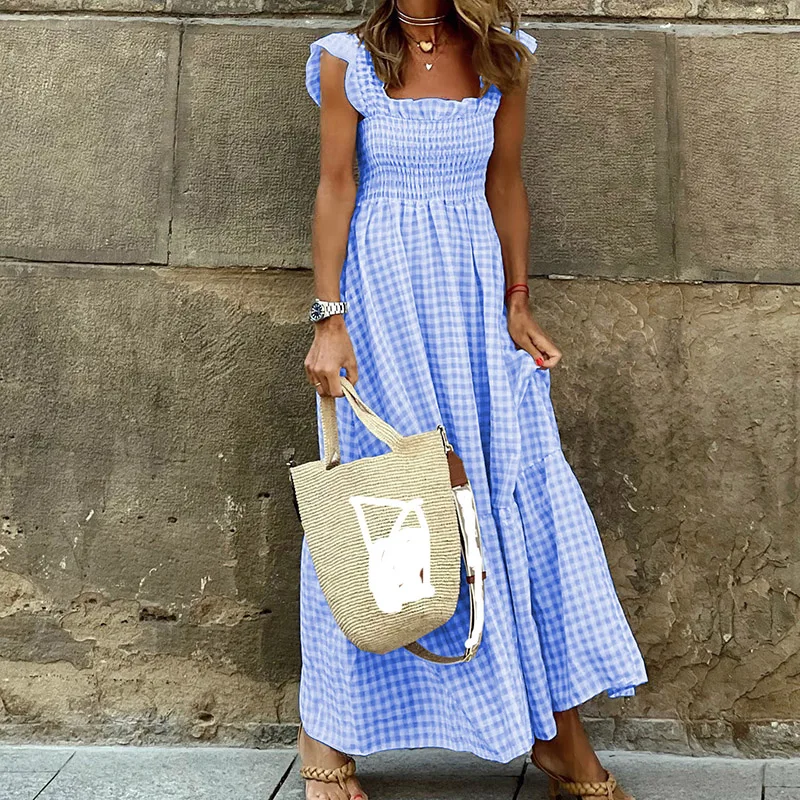

Vintage Plaid Suspender Elastic Waist Large Swing Dress Women 2023 Summer New Square Neck Fashion Korean Elegant Long Dresses