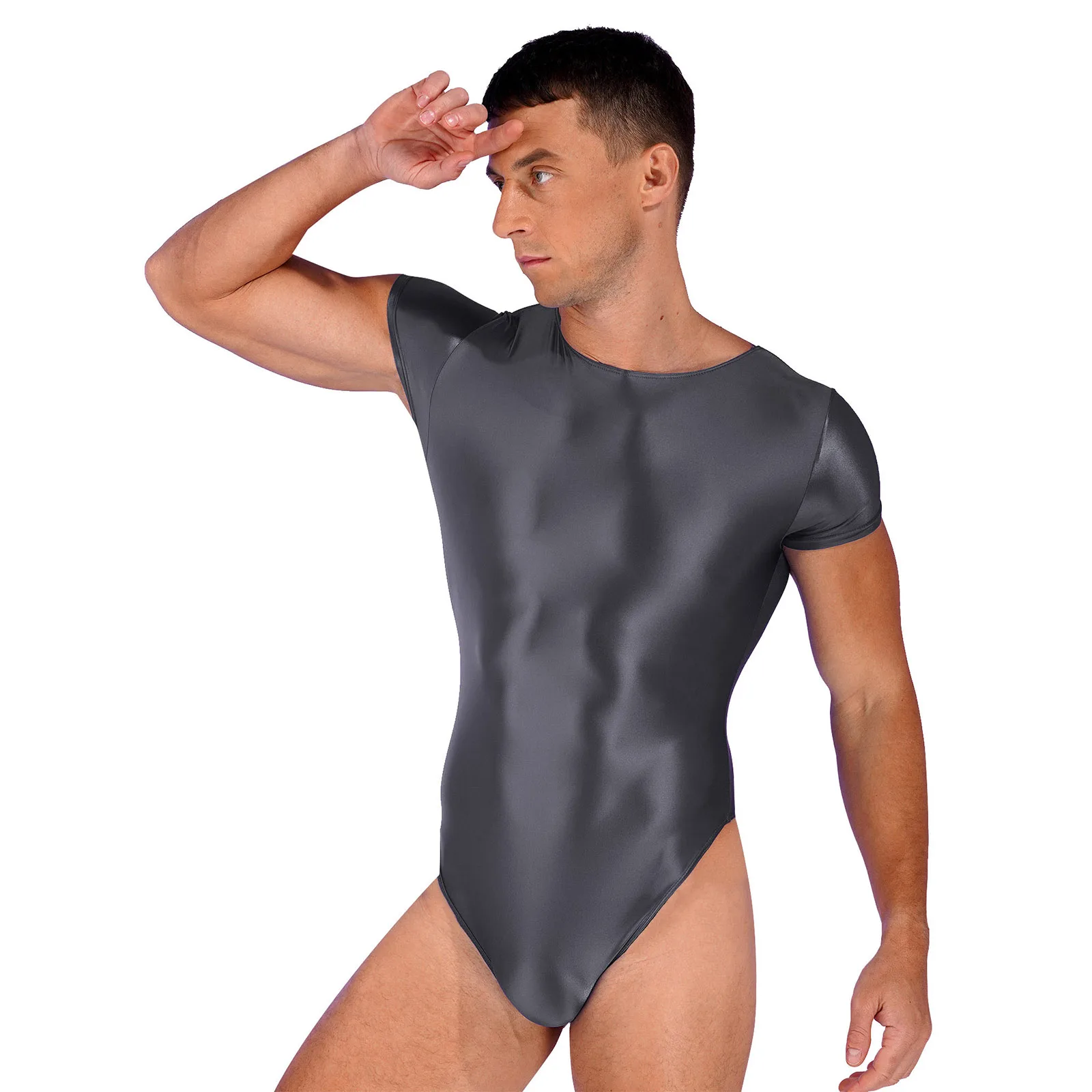 # L-XL мужской глянцевый трико с короткими рукавами цельный купальник высоким