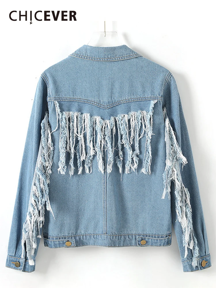 

CHICEVER Minimalist Patchwork Tassels Jackets For Women Lapel Long Sleeve Single Breasted Casual Loose Denim Coats Female New