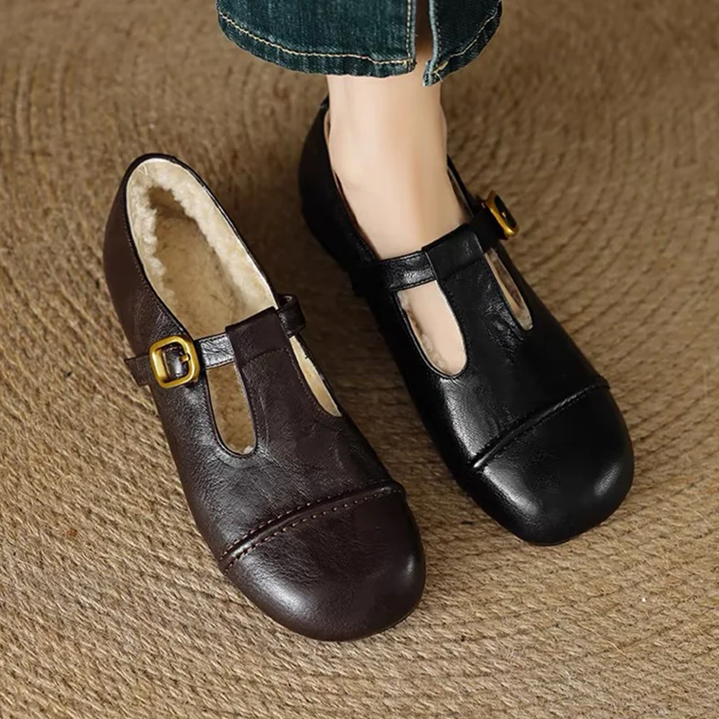 Женские хлопковые туфли на плоской подошве меховые Мэри Джейн короткие плюшевые