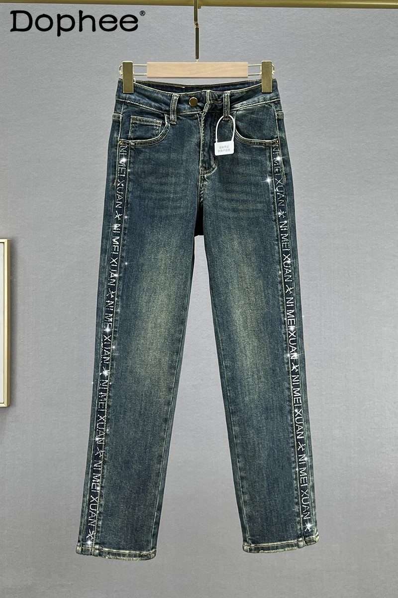 

Heavy Embroidery Hot Drilling Blue Denim Straight Pants Women 2023 New Autumn High Waist Jeans Stretch Slimming Cigarette Pants
