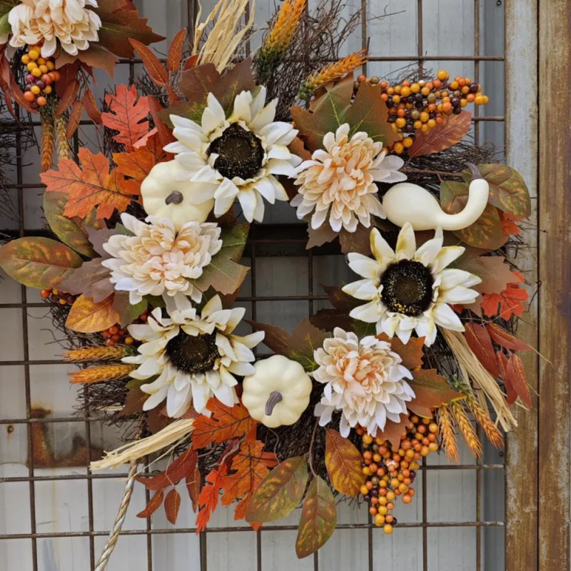 

45CM Fall Flower Wreath Artificial Leaf Pumpkin Thanksgiving Garlands Autumn Maple Leaf Wreath Shop window Layout Props