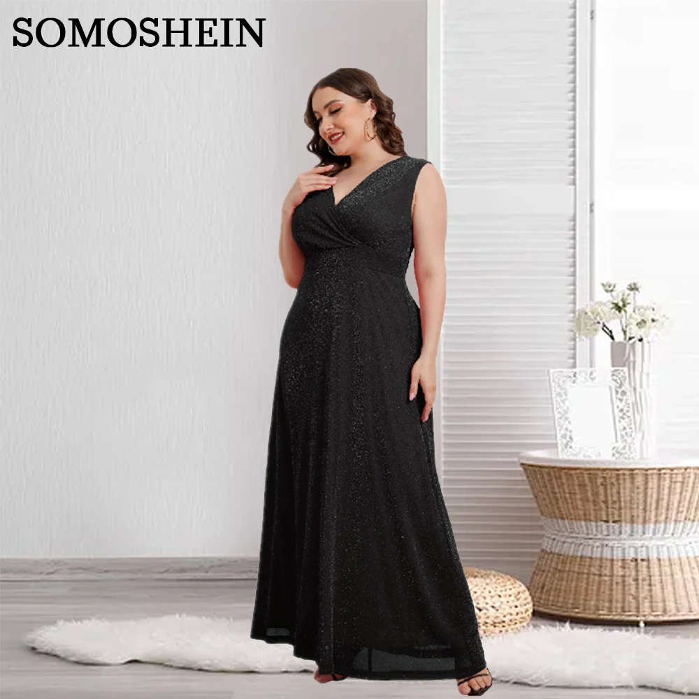 

SOMOSHEIN XL-5XL Plus Size Women Summer Clothing Elegant Solid Color V-Neck Sleeveless Fashion Sexy Dress Wholesale Dropshipping