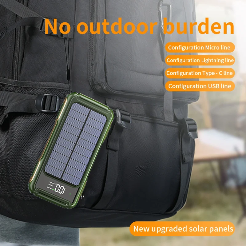 20000mAh Solar Power Bank Portable Large Capacity Solar Power Bank With 3 Charging Cable SOS Laser Light High Power Bank USB