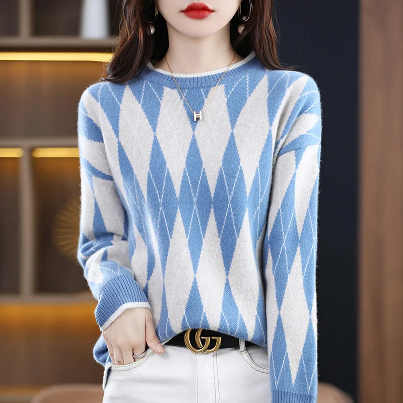 

100% Wool Sweater Women's Autumn And Winter New Round Neck Color-blocking Pullover Loose All-match Long-sleeved Bottoming Top