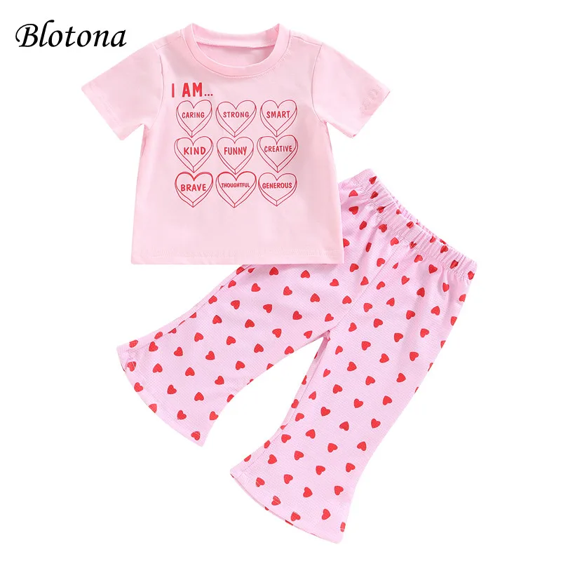 

Blotona Kid Girls Valentine's Day Set, Short Sleeve Crew Neck Letters Print T-shirt with Heart Print Flared Pants 6Months-5Years