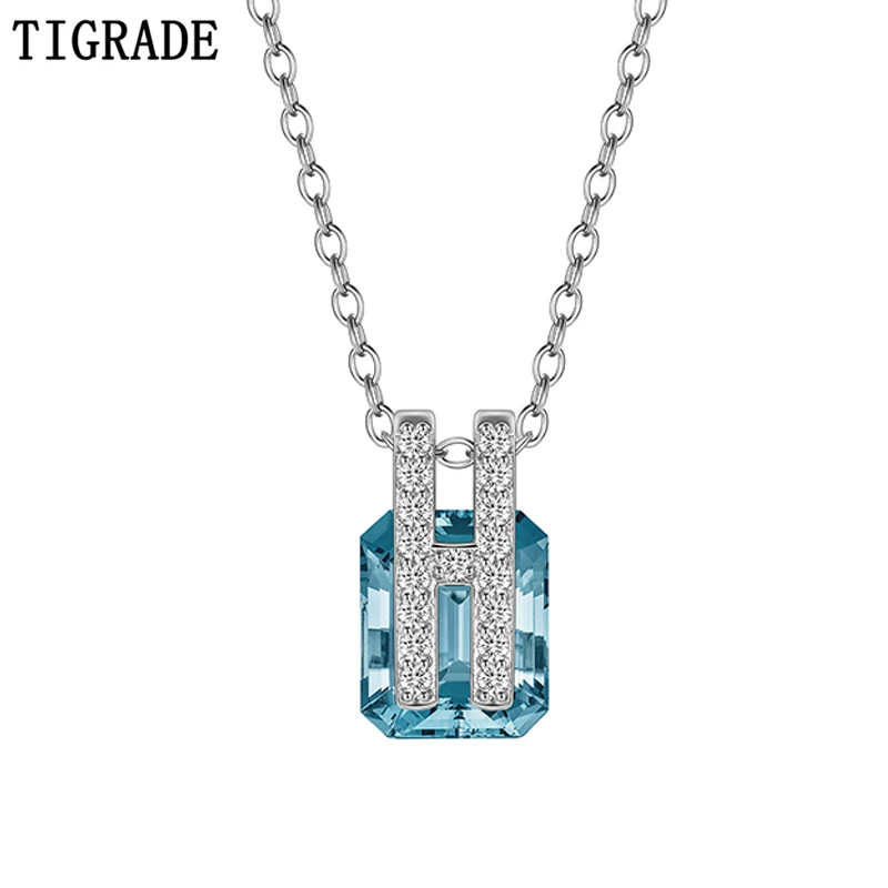 

Tigrade 925 Sterling Silver Necklace Sky Blue Clear Cubic Zircon Pendant Chain For Women Wedding Party Charm Exquisite Jewelry