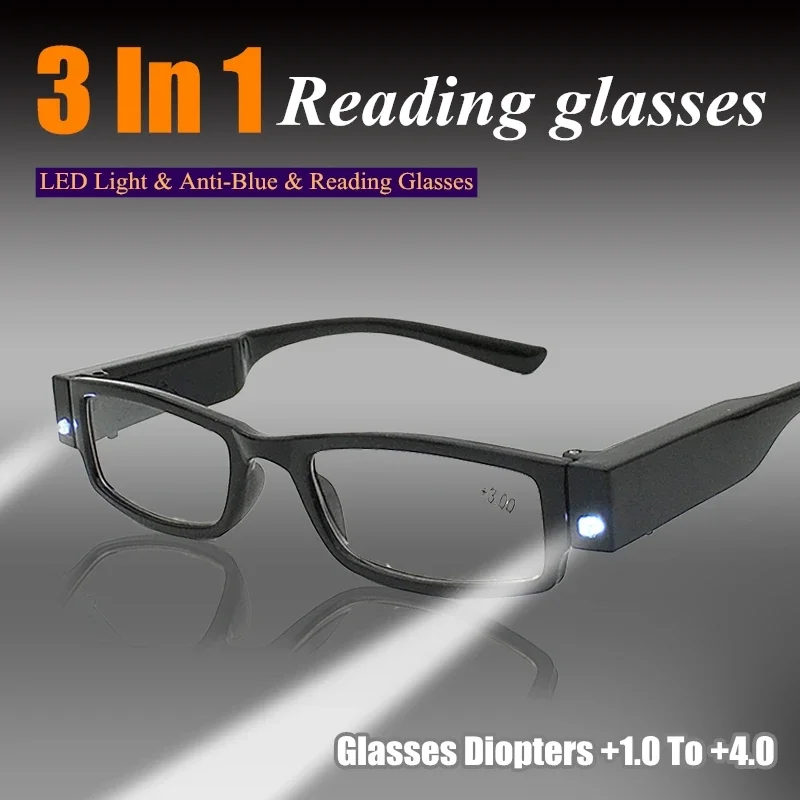 

Unisex Multi Strength Reading Glasses with LED Unisex Eyeglasses Spectacle Diopter Magnifier Light Up Night Presbyopic Glasses