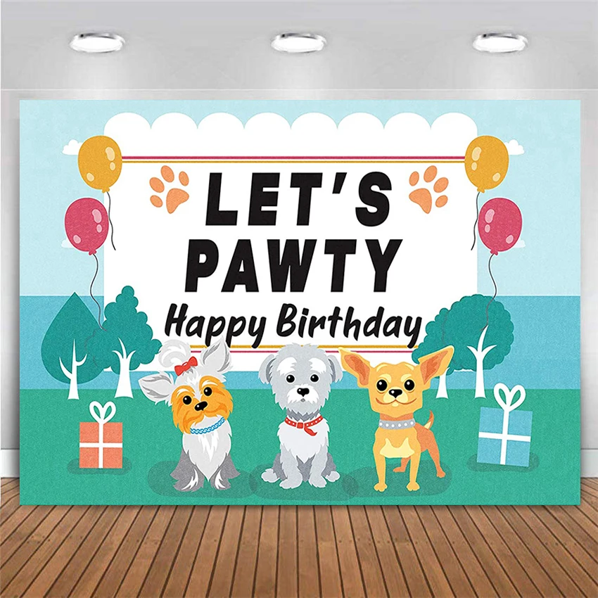 

Puppy Dog Happy Birthday Themed Backdrops Let's Paw-ty Doggy Pet Blue Boys Photography Birthday Banner for Puppy Birthday Party