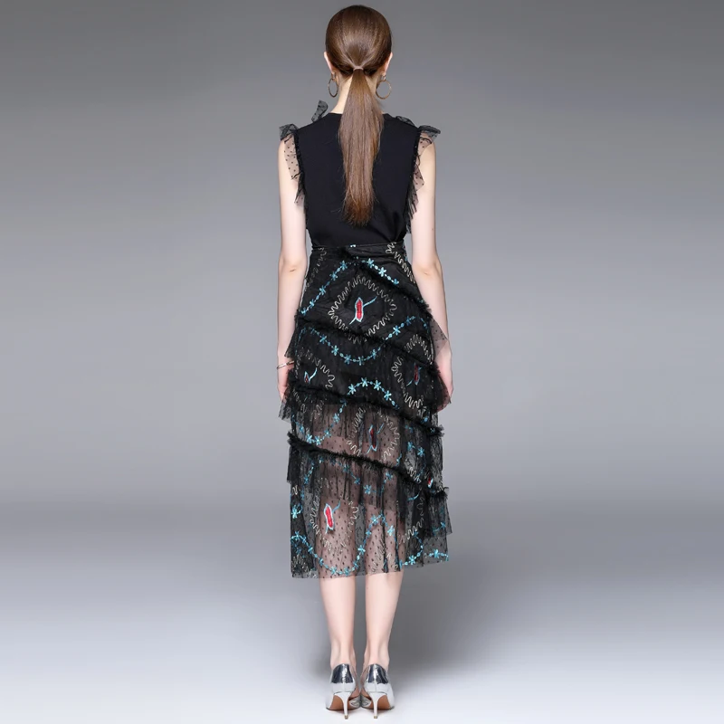 Женский костюм с вышивкой WTIANYUW летний комплект из 2 предметов черный топ без