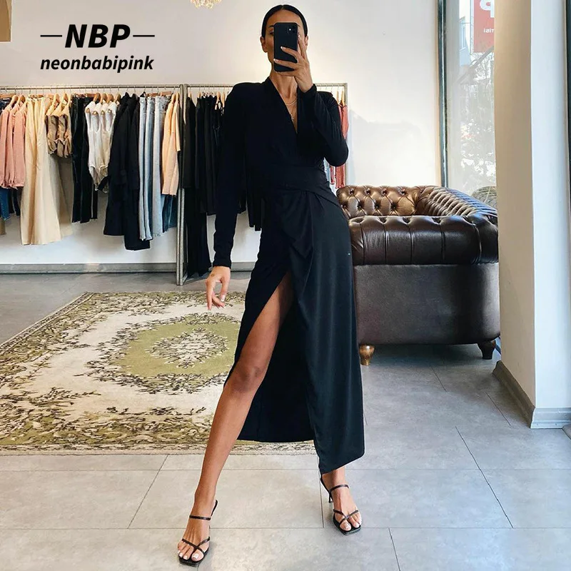 

NEONBABIPINK Ladies Black Dresses Fashion 2022 Women Spring Elegant Sexy Deep V Neck High Split Long Sleeve Dress N69-CD35