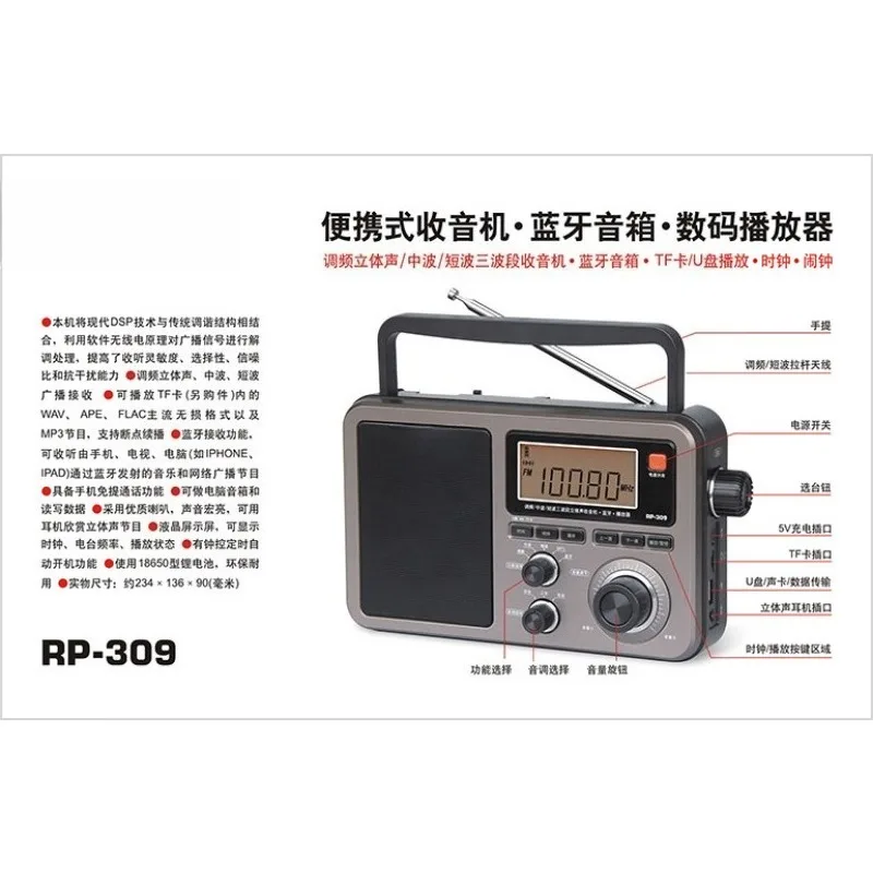 Фото Портативное цифровое радио с DSP, Bluetooth-колонка, MP3-плеер RP-309, товары в наличии. №2