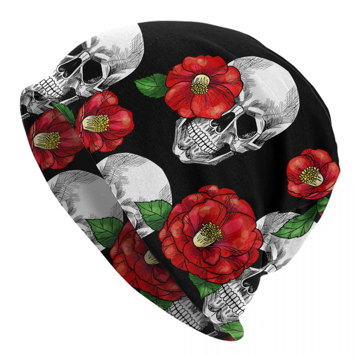 

Women Men Beanie Hat Skull And Red Roses Warm Spring Winter Outdoor Hip-hop Beanie Cap