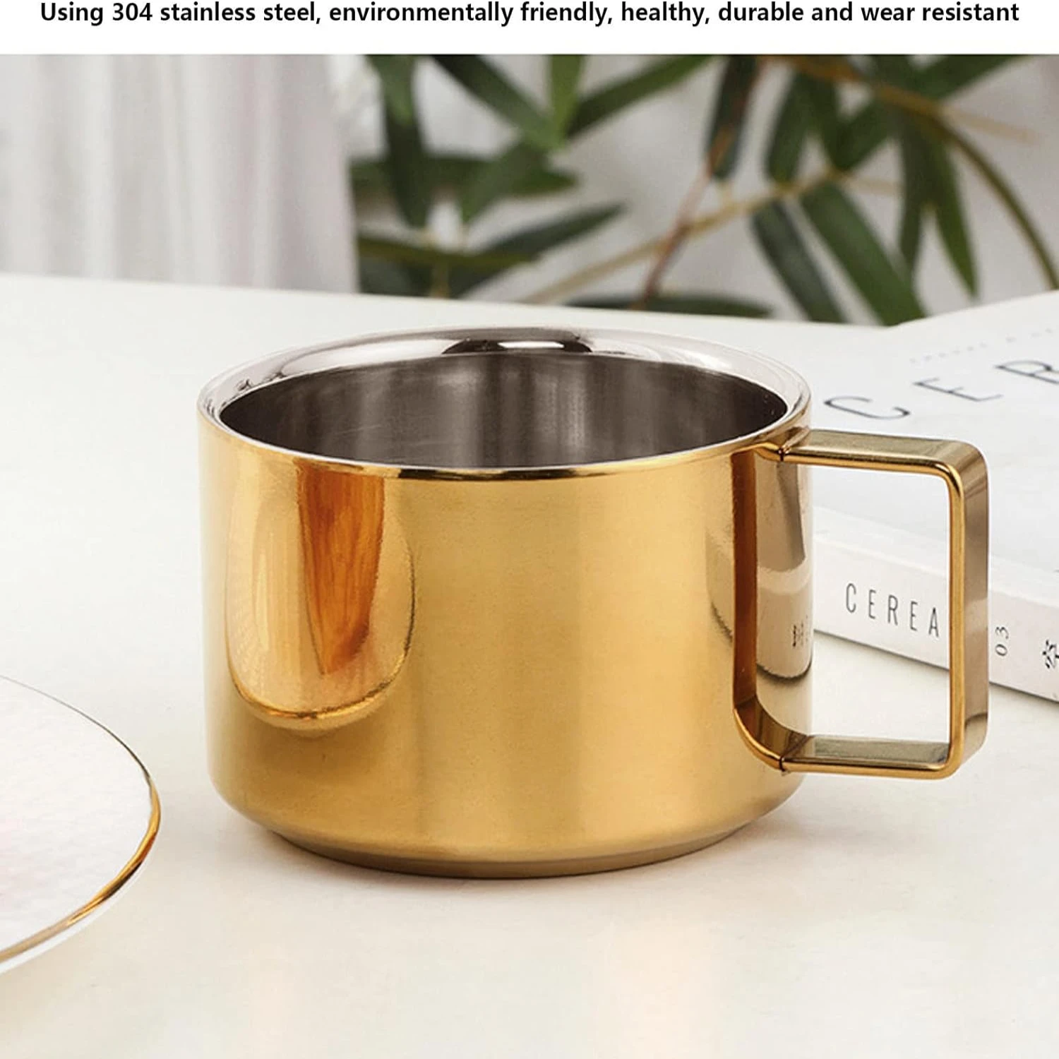 Stylish Durable and Convenient Gold Stainless Steel Tea Cup with Saucer - 30 oz for Hot Drinks Ideal Restaurants Cafe