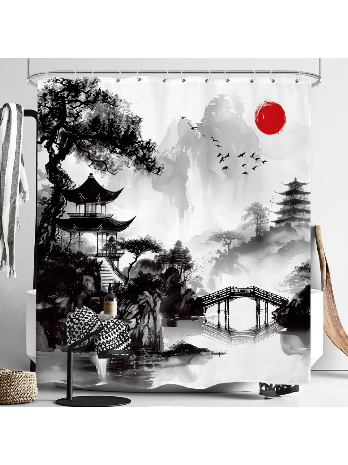 

Водостойкая японская занавеска для душа Watercolor Black Red