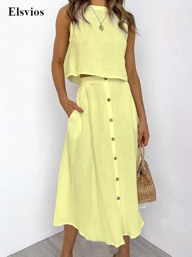 

Solid Casual Loose Beach 2pc Suits Women O-Neck Tank Tops And Button Long Skirt Outfits Summer Sleeveless Cotton Linen Shirt Set