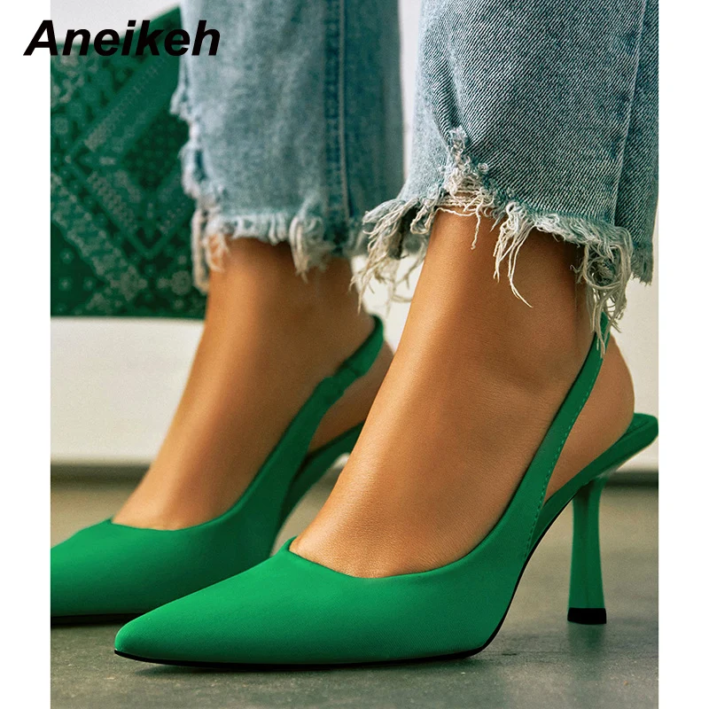 

Aneikeh 2022 Fashion High Heels Women Pointed Toe PU Slingbacks Pumps Thin Heel Ladies Shoes Shallow Concise Party Solid Slip-On