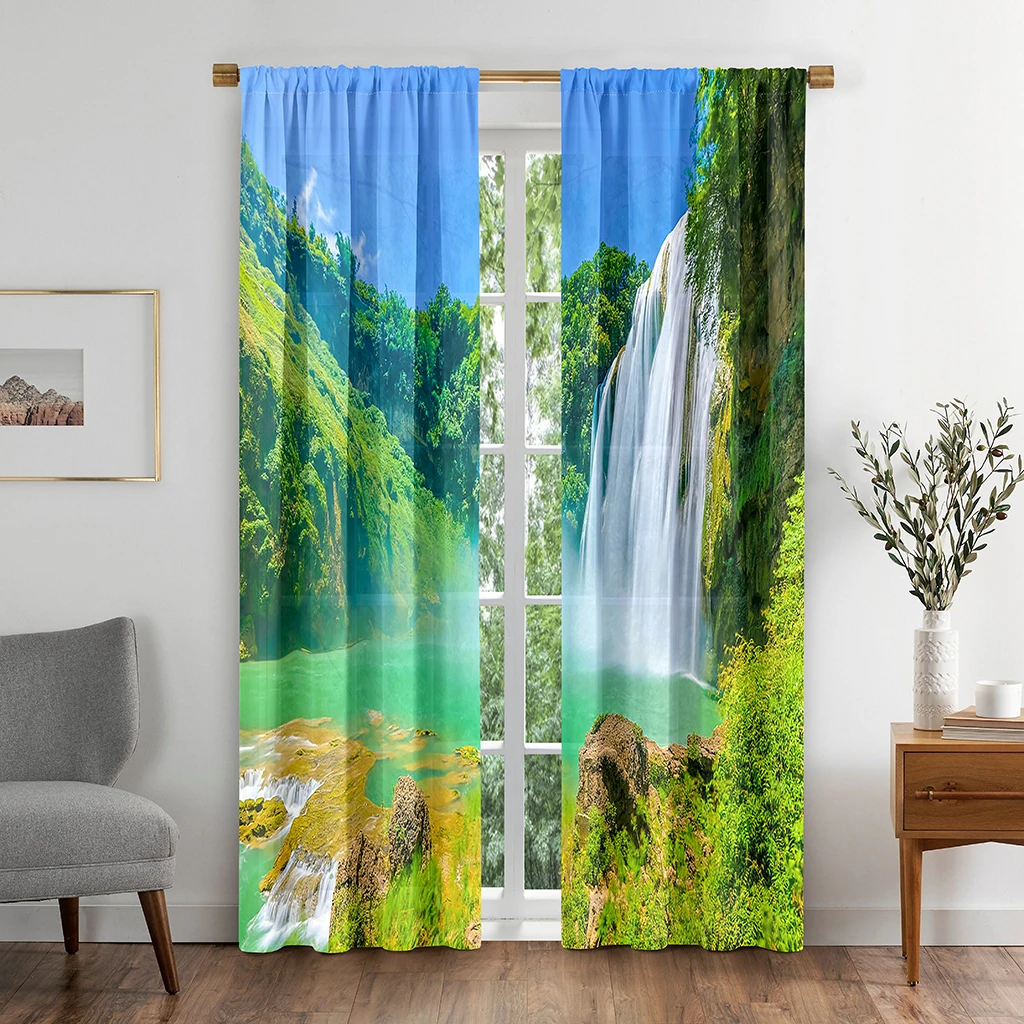 

Modern Style Green Wide Meadow Fairy Tale World Landscape Waterfall 3D Printed Thin Curtain Bedroom Living Room Window 2 Panels