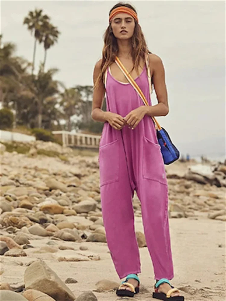 2023 Women Jumpsuit Solid with Pocket Sling Casual Sleeveless Jumpsuit Loose Strap PantsStreetwear