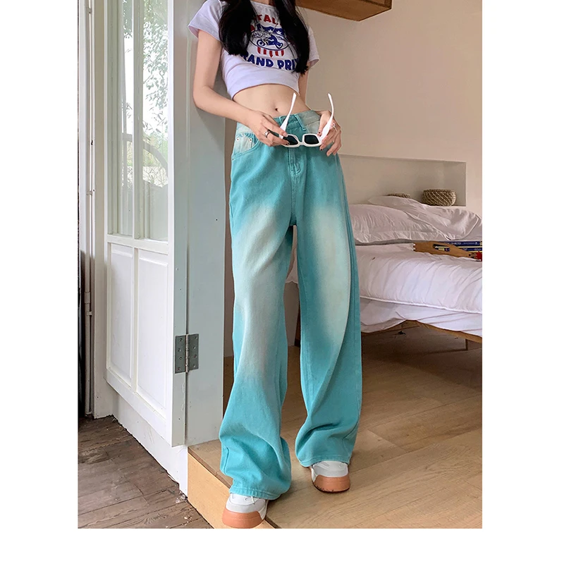 Jeans Women's Pants 2023 New Autumn and Winter Peacock Blue High Street Korean Version Loose fitting High Waist Straight Sleeve