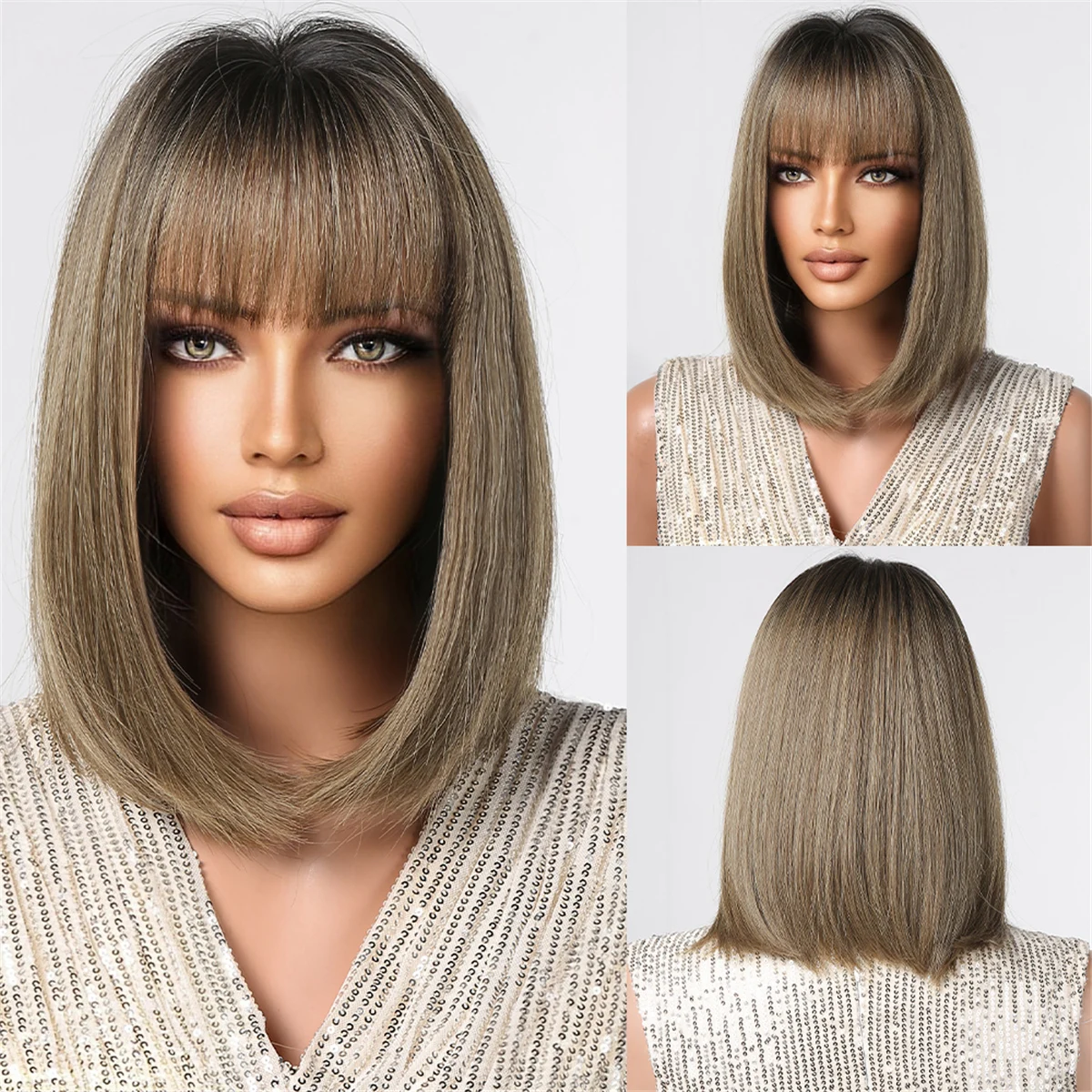 

Sandy Blonde Short Straight Synthetic Wigs with Bangs Light Brown Bob Hair Heat Resistant Fiber Natural Looking for Women Daily