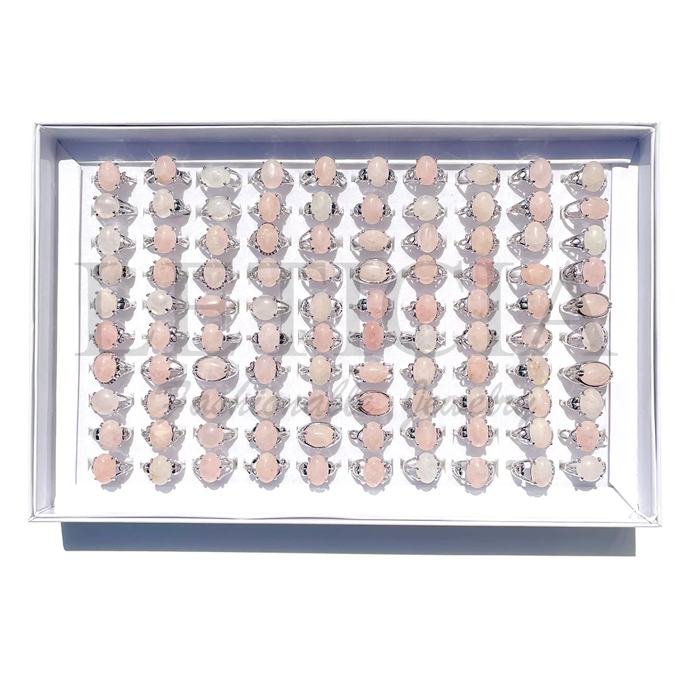 20/50Pcs Fashion Vintage Natural Stone Pink Crystal Ring Gem Rings Jewelry Party Gifts Accessories Kit