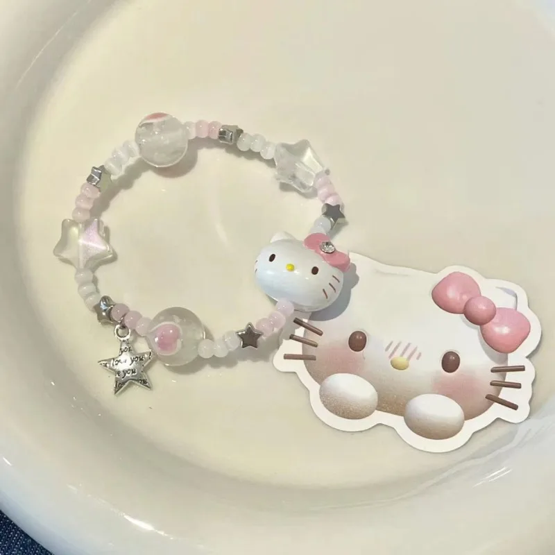 

Kawaii Sanrio Anime Hello Kitty Stoving Varnish Bracelet Cute Cartoon Niche Sweet Beading Delicacy Lovely Originality for Girls