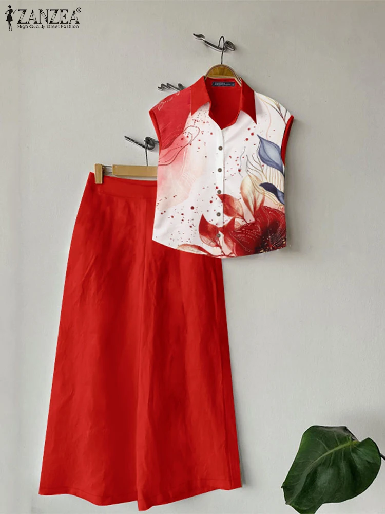 ZANZEA женские летние костюмы 2024 широкие брюки с принтом топ короткими рукавами