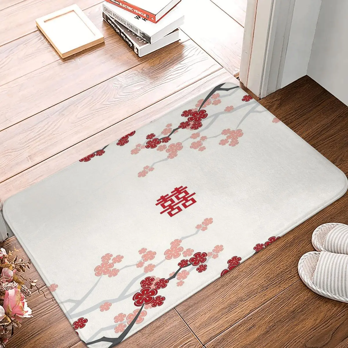 

Art Non-slip Doormat Red Oriental Cherry Blossoms On Ivory And Wedding Bath Bedroom Mat Outdoor Carpet Home Modern Decor