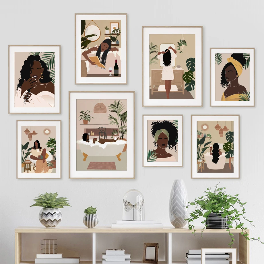 

Palm Leaf Tub Bath Towel Wine Black Girl African Art Nordic PostersCanvas Painting And Prints Wall Pictures Living Room Decor