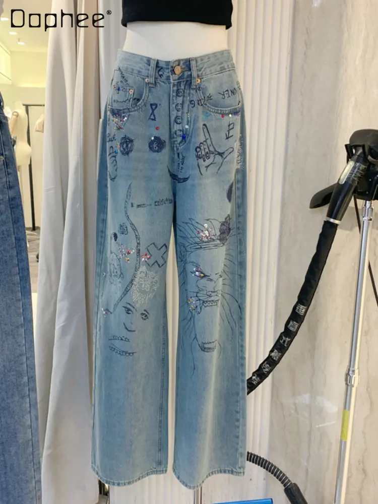 

Streetwear Straight Baggy Mom Jeans Woman 2023 Spring and Summer New Korean Style Personality Printed Graffiti Jeans Female