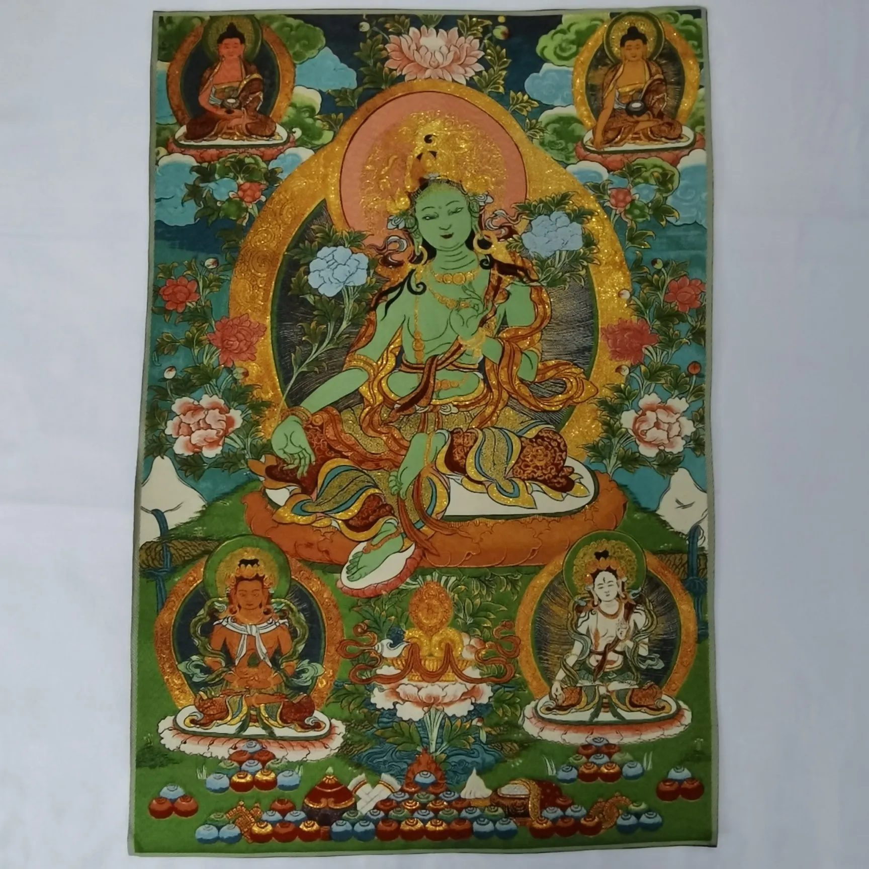 

36" Tibet Tibetan Embroidered Cloth Silk Buddhism Green Tara Kwan-yin Tangka Thangka Mural Buddha Home Decor