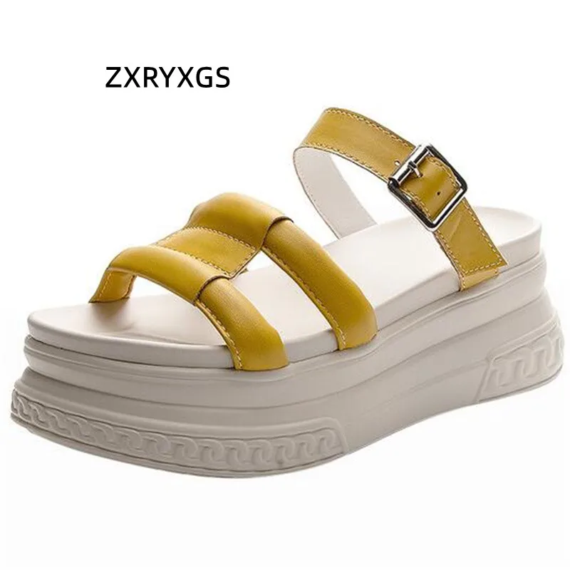 

2022 Summer Thick-soled Slippers Heightened Sandals Cowhide Open Toe Outer Wear Slippers Fashion All-match Women Shoes Sandals