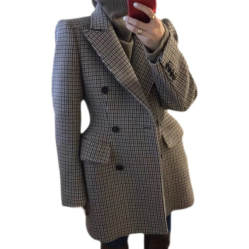 Women Winter Retro Plaid Woolen Blazer Straight Fashion Double-breasted Wool Blends Outwear