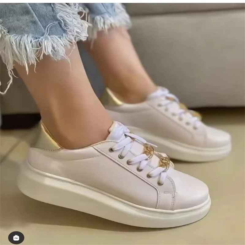Women's Vulcanized Shoes Fall 2022 Women's Shoes Metal Chain Fashion Lace-Up Casual Shoes Women's Sneakers Zapatillas Mujer 3